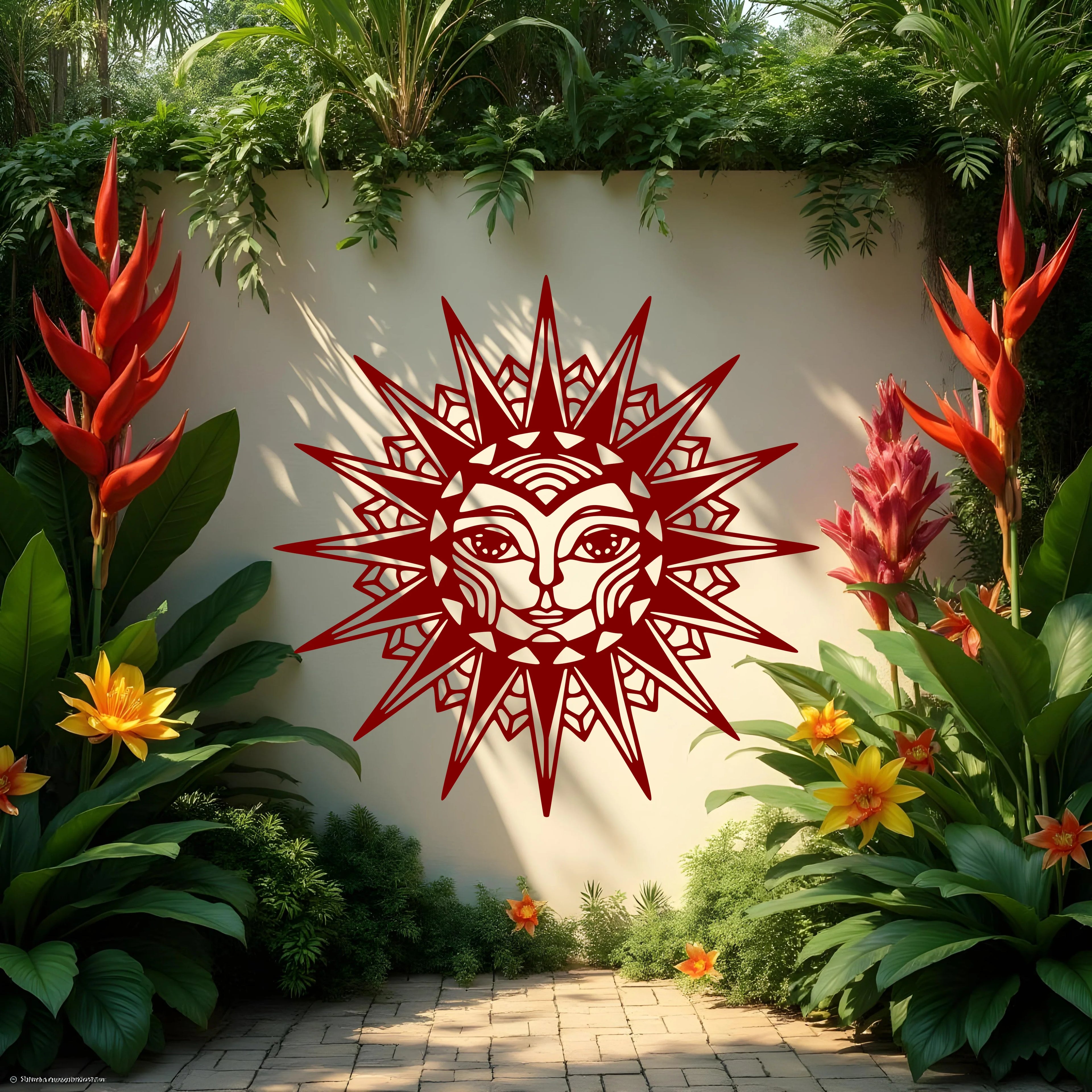 Sol hanging art on a rendered wall in a lush rainforest garden, framed by vibrant tropical flowers like heliconias and ginger lilies, with soft late-afternoon light casting long shadows and creating a serene atmosphere.