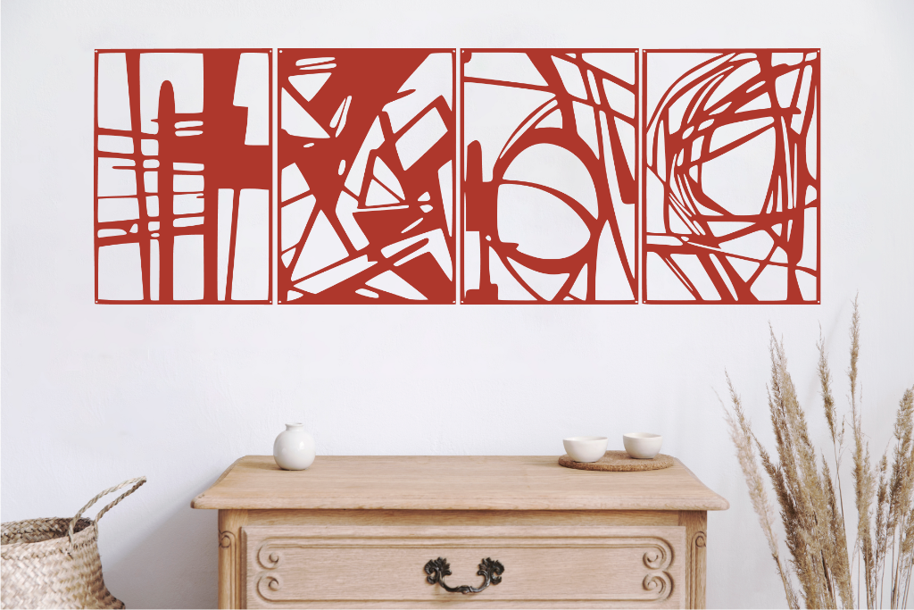 Abstract metal wall art set of 4 panels featuring geometric shapes and lines, shown here in Signal Red powder-coated finish, mounted on a white wall above a wooden cabinet.