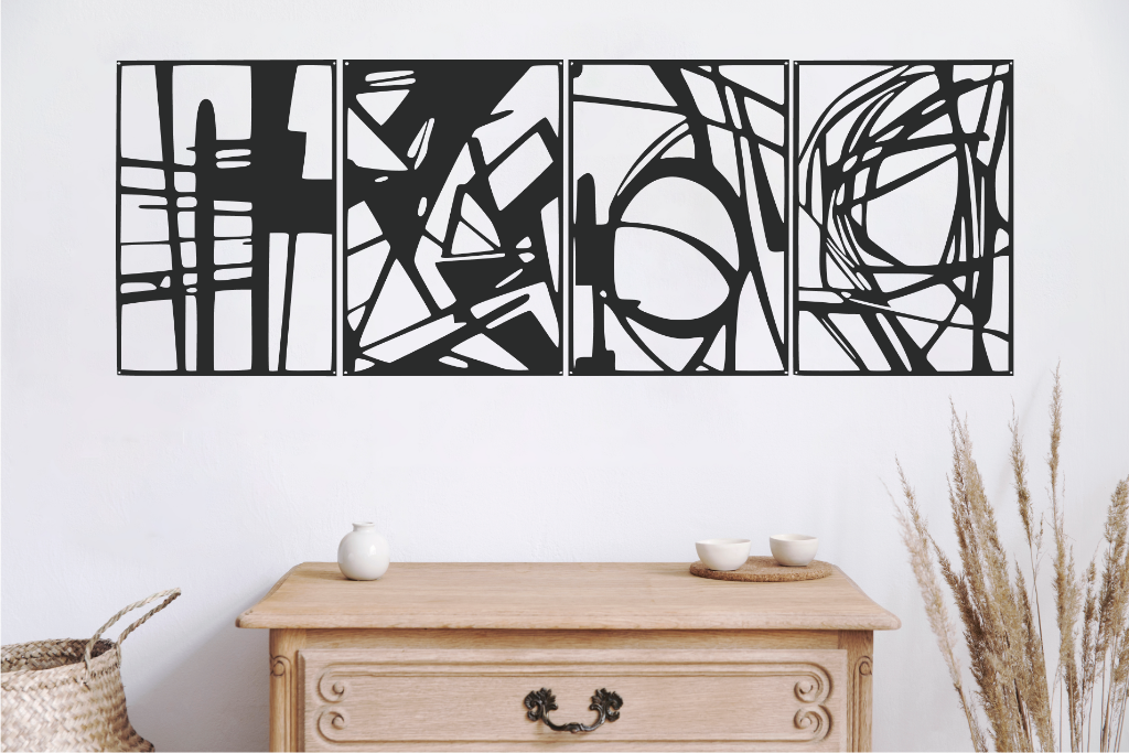 Abstract metal wall art set of 4 panels featuring geometric shapes and lines, shown here in Night Sky Matt Black powder-coated finish, mounted on a white wall above a wooden cabinet