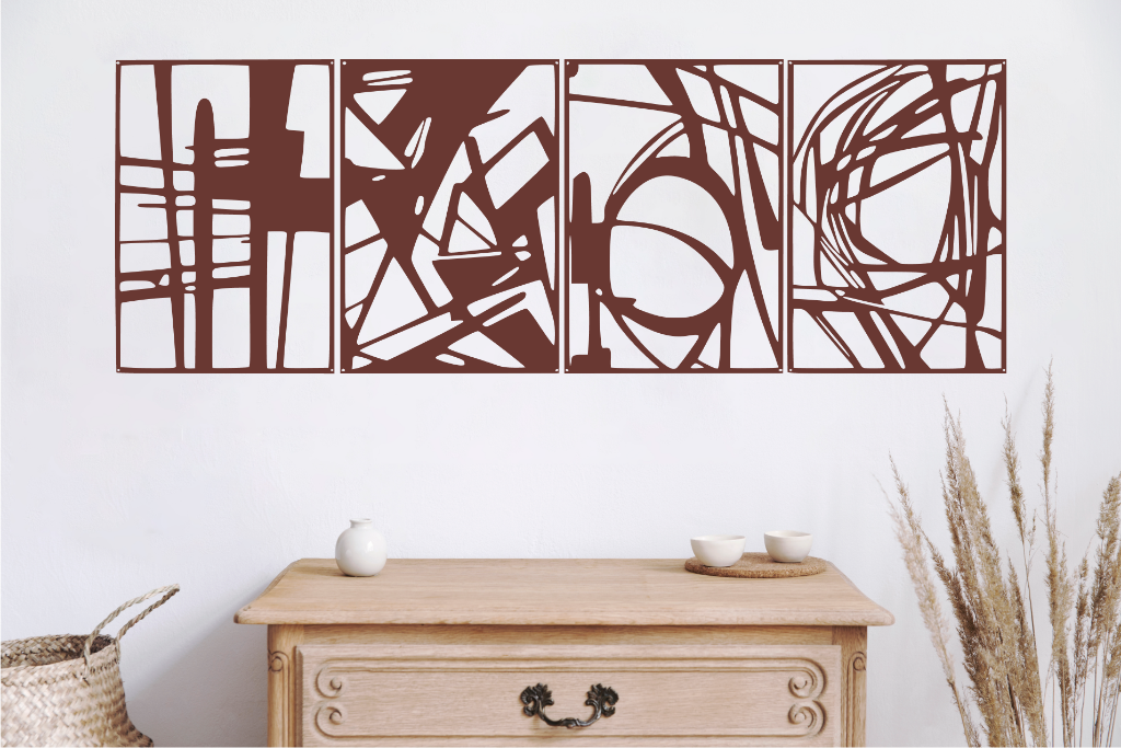 Abstract metal wall art set of 4 panels featuring geometric shapes and lines, shown here in Manor Red powder-coated finish, mounted on a white wall above a wooden cabinet