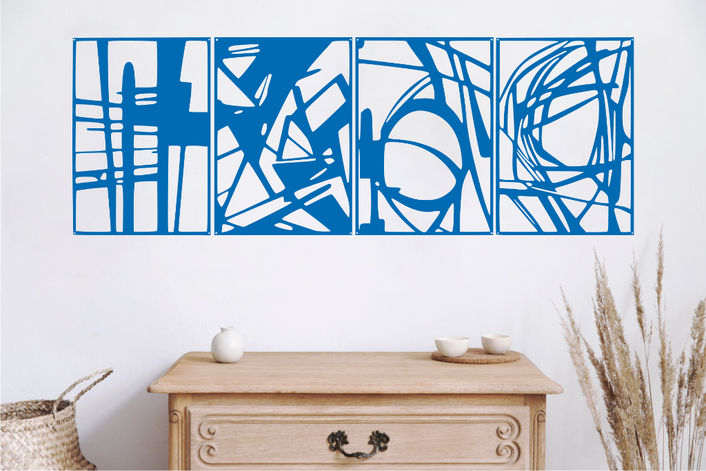 Abstract metal wall art set of 4 panels featuring geometric shapes and lines, shown here in Blaze Blue Gloss powder-coated finish, mounted on a white wall above a wooden cabinet.