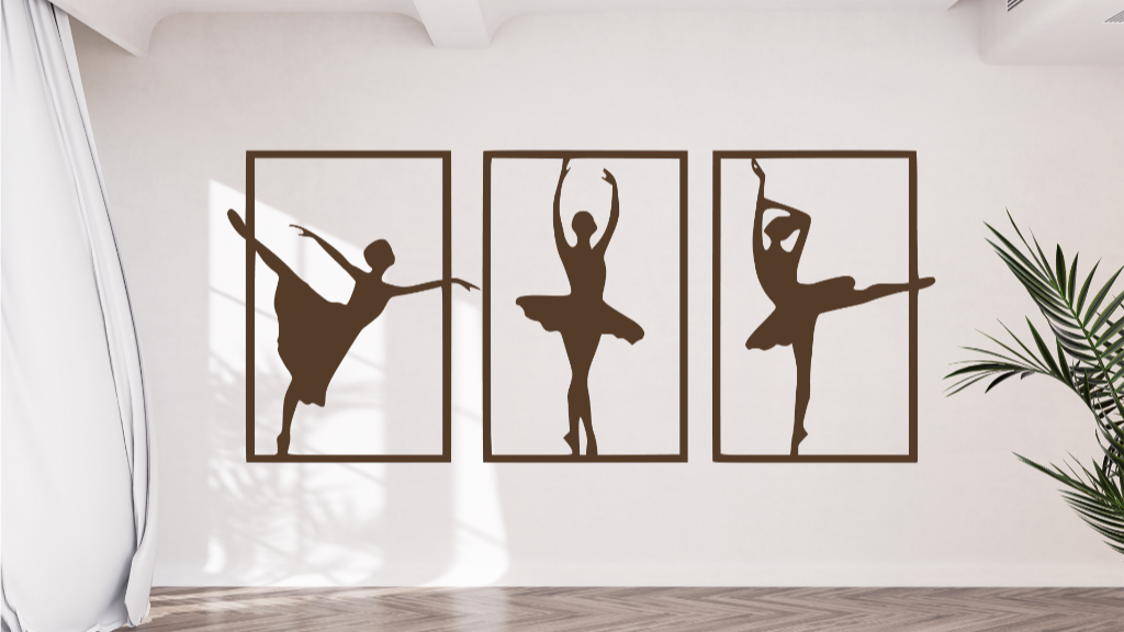 Minimalist metal wall art set featuring three ballerina silhouettes in Rust Patina powder-coated finish, mounted in sleek rectangular frames on a light wall, adding an elegant touch to a modern interior.