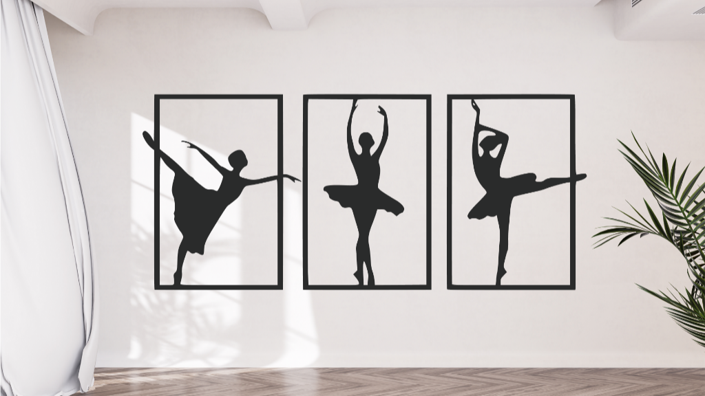 Minimalist metal wall art set featuring three ballerina silhouettes in Night Sky Matt Black powder-coated finish, mounted in sleek rectangular frames on a light wall, adding an elegant touch to a modern interior.