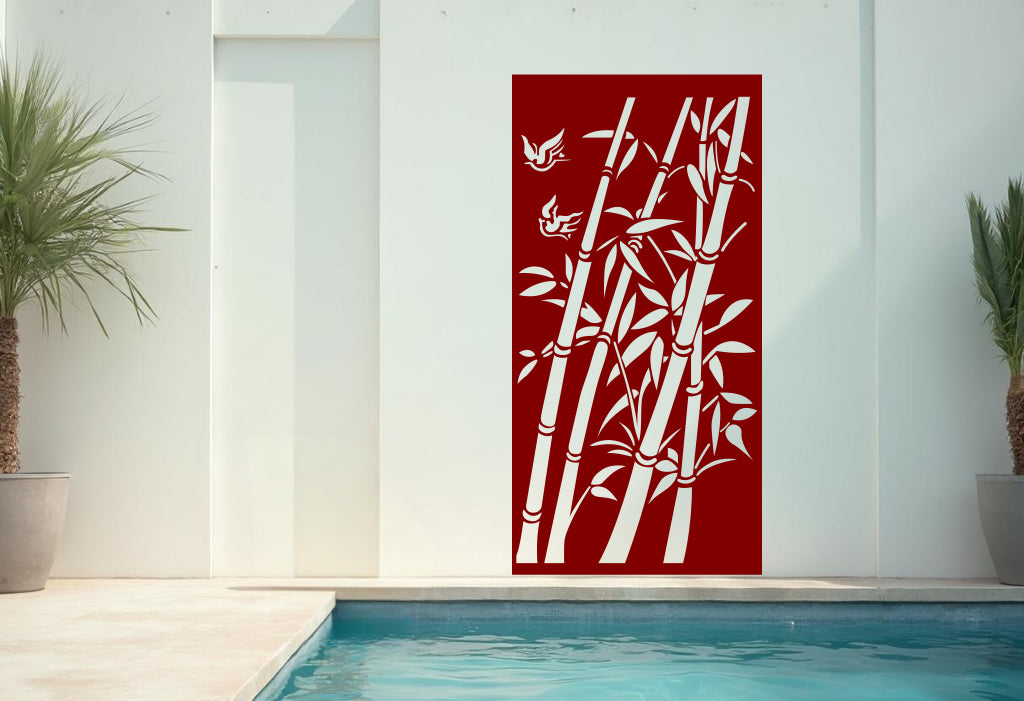 Bold Manor Red Bamboo Breeze privacy screen, creating a striking statement in tropical gardens.