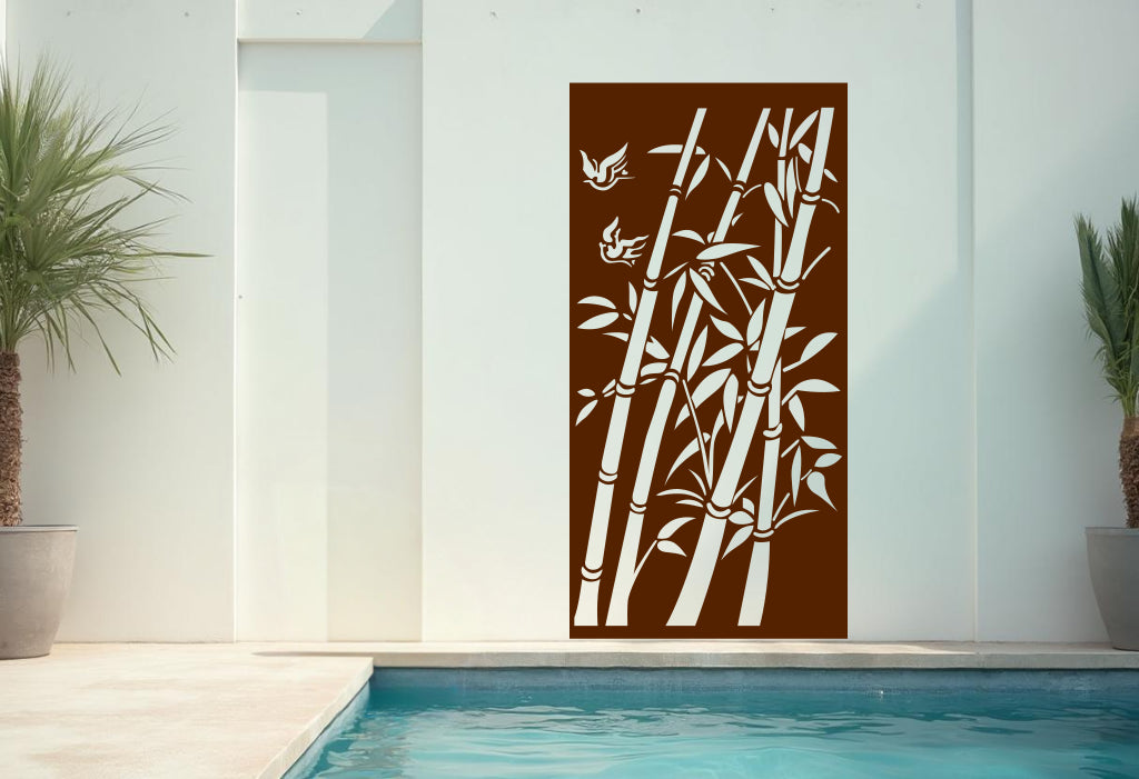 Rust Patina finish on the Bamboo Breeze screen, adding rustic charm to earthy outdoor spaces.