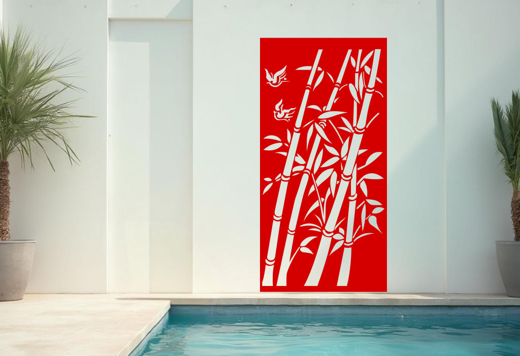 Vibrant Signal Red Bamboo Breeze panel, making a bold impact in contemporary outdoor design.