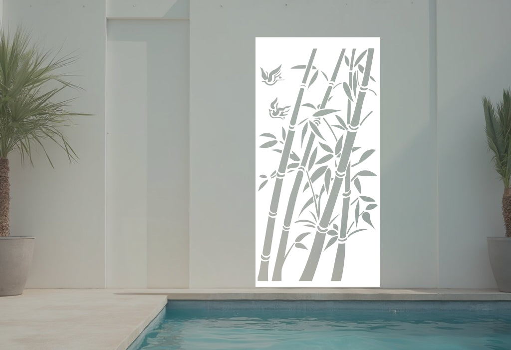 Bamboo Breeze privacy screen in Bright White Gloss, delivering a crisp, clean aesthetic to patios and poolside areas.