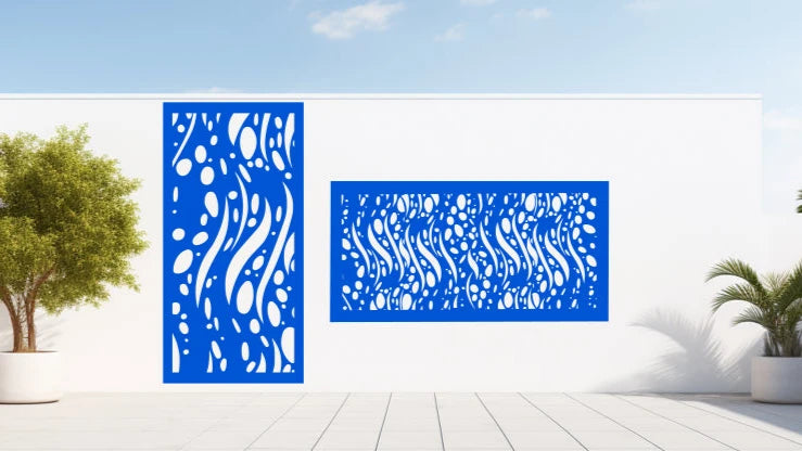 Blaze Blue Gloss Below the Sea panel, displayed in both vertical and horizontal orientations, adding a vibrant oceanic theme to your garden or patio