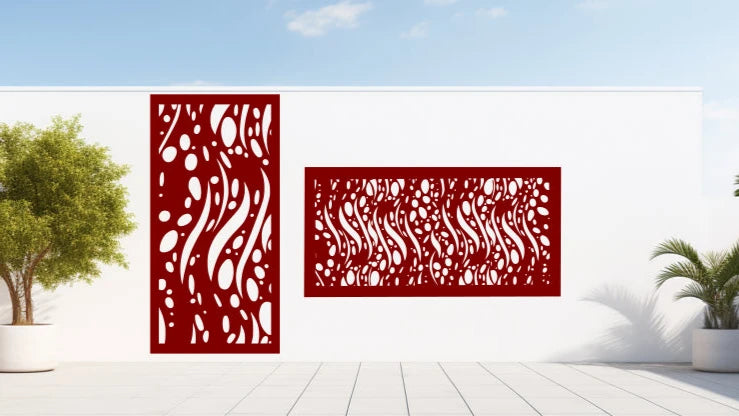 Manor Red Below the Sea screen displayed in both vertical and horizontal mounts, featuring a striking deep hue and flowing wave designs for a contemporary look.