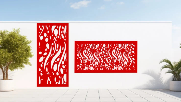 Signal Red Below the Sea screen in both vertical and horizontal orientations, delivering bold, wave-like patterns and vibrant color for a statement-making outdoor piece.