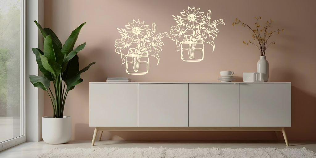 Metal wall art set featuring two jars filled with blooming flowers, including sunflowers and lilies, finished in Canola Cream powder coating, mounted on a soft pink wall above a modern white cabinet, creating a cheerful and nature-inspired interior decor.