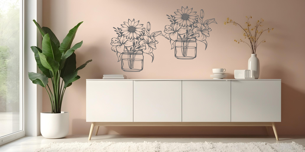 Metal wall art set featuring two jars filled with blooming flowers, including sunflowers and lilies, finished in Berry Grey Gloss powder coating, mounted on a soft pink wall above a modern white cabinet, creating a cheerful and nature-inspired interior decor.