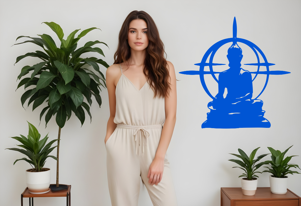 Metal wall art featuring a Buddha silhouette with an intricate circular design in the background, finished in Blaze Blue Gloss powder coating, mounted on a light-colored wall, adding a peaceful and modern element to an indoor space with potted plants