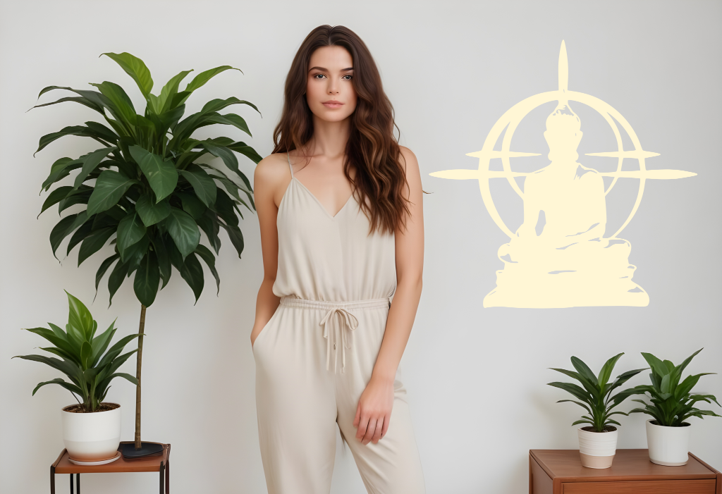 Metal wall art featuring a Buddha silhouette with an intricate circular design in the background, finished in Canola Cream powder coating, mounted on a light-colored wall, adding a peaceful and modern element to an indoor space with potted plants.