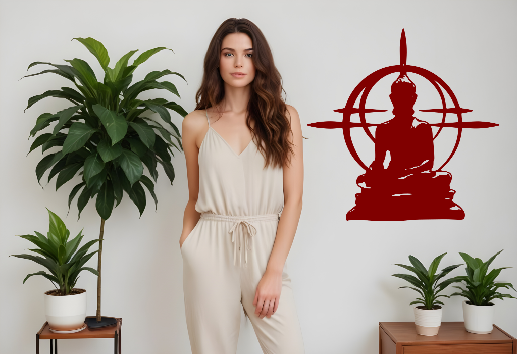 Metal wall art featuring a Buddha silhouette with an intricate circular design in the background, finished in Manor Red powder coating, mounted on a light-colored wall, adding a peaceful and modern element to an indoor space with potted plants