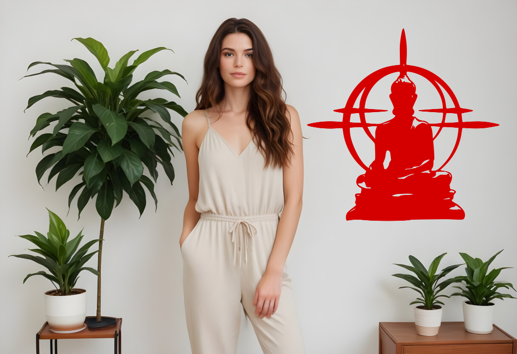 Metal wall art featuring a Buddha silhouette with an intricate circular design in the background, finished in Signal Red powder coating, mounted on a light-colored wall, adding a peaceful and modern element to an indoor space with potted plants.