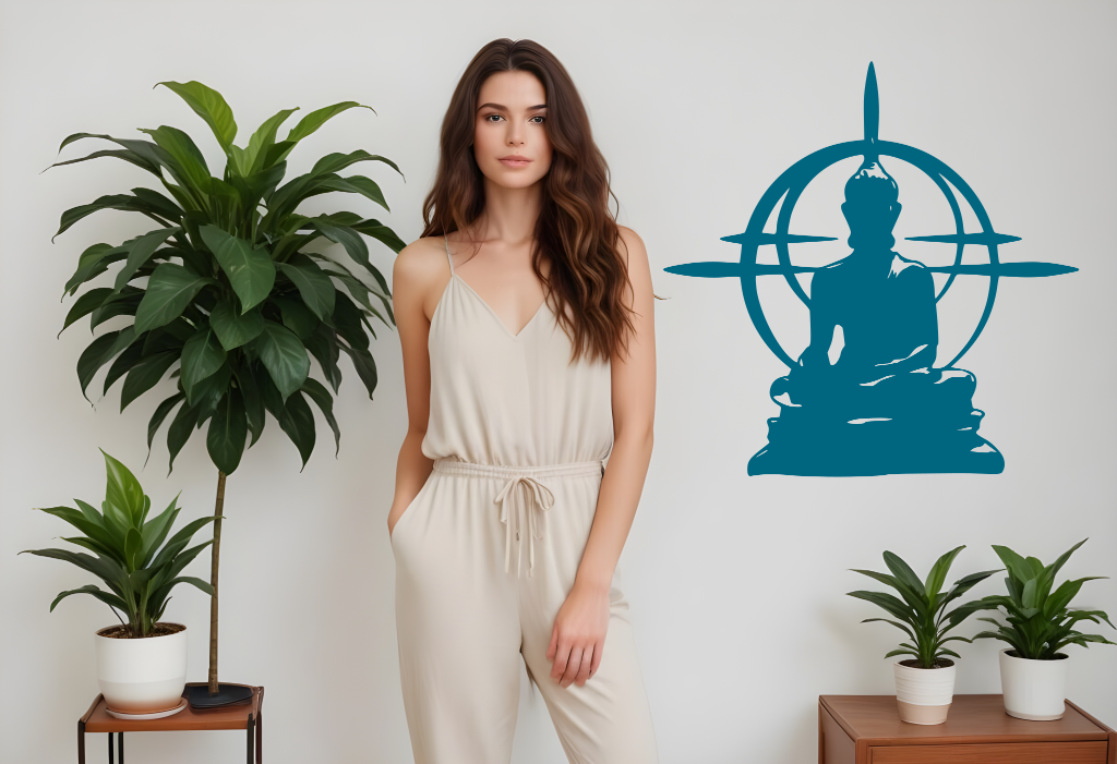 Metal wall art featuring a Buddha silhouette with an intricate circular design in the background, finished in Wedgwood Satin powder coating, mounted on a light-colored wall, adding a peaceful and modern element to an indoor space with potted plants.