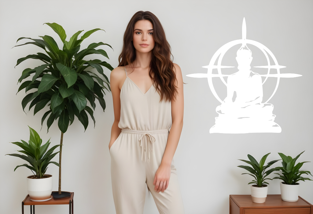 Metal wall art featuring a Buddha silhouette with an intricate circular design in the background, finished in Bright White Gloss powder coating, mounted on a light-colored wall, adding a peaceful and modern element to an indoor space with potted plants.