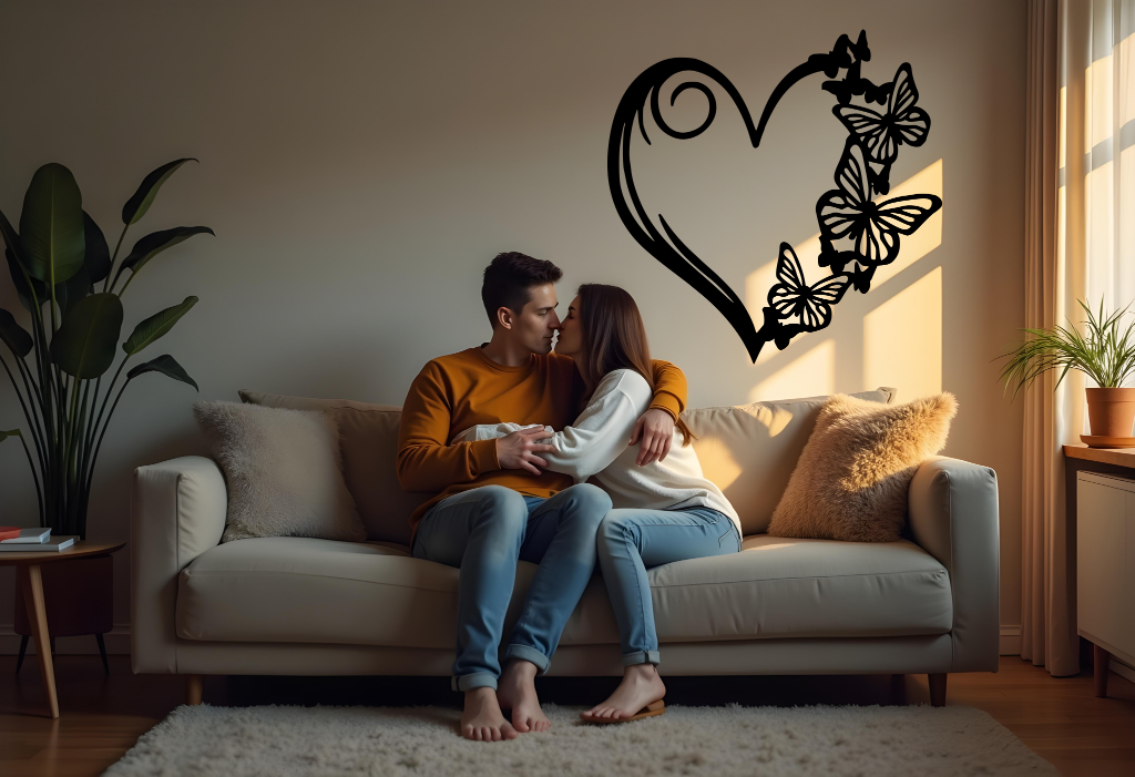 Metal wall art featuring a heart design with butterflies along its edge, finished in Night Sky Matt Black powder coating, mounted on a soft-toned wall in a cozy living room, enhancing the romantic atmosphere for a couple embracing on the sofa.