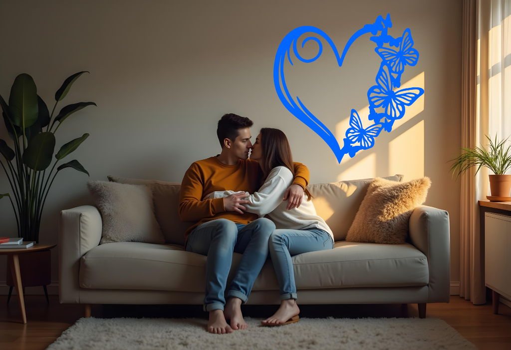 Metal wall art featuring a heart design with butterflies along its edge, finished in Blaze Blue Gloss powder coating, mounted on a soft-toned wall in a cozy living room, enhancing the romantic atmosphere for a couple embracing on the sofa.