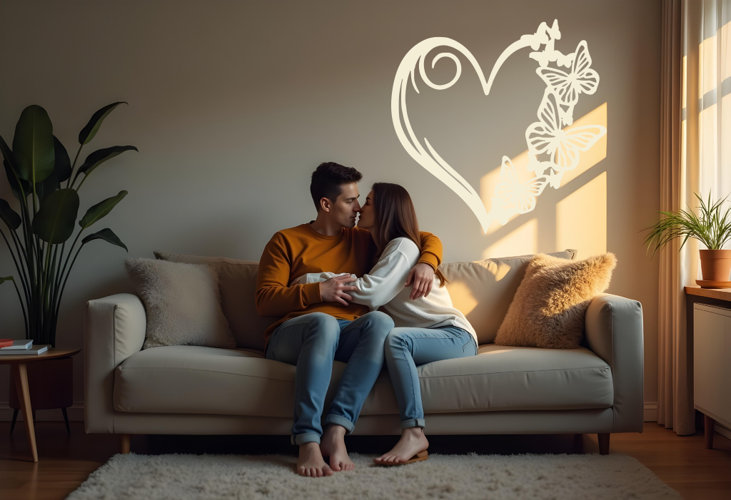 Metal wall art featuring a heart design with butterflies along its edge, finished in Canola Cream powder coating, mounted on a soft-toned wall in a cozy living room, enhancing the romantic atmosphere for a couple embracing on the sofa.