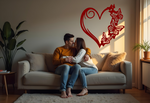 Metal wall art featuring a heart design with butterflies along its edge, finished in Manor Red powder coating, mounted on a soft-toned wall in a cozy living room, enhancing the romantic atmosphere for a couple embracing on the sofa.