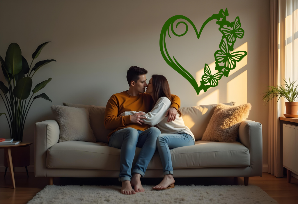 Metal wall art featuring a heart design with butterflies along its edge, finished in Mistletoe powder coating, mounted on a soft-toned wall in a cozy living room, enhancing the romantic atmosphere for a couple embracing on the sofa.