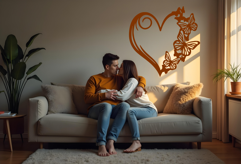 Metal wall art featuring a heart design with butterflies along its edge, finished in Rust Patina powder coating, mounted on a soft-toned wall in a cozy living room, enhancing the romantic atmosphere for a couple embracing on the sofa.