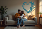 Metal wall art featuring a heart design with butterflies along its edge, finished in Wedgwood Satin powder coating, mounted on a soft-toned wall in a cozy living room, enhancing the romantic atmosphere for a couple embracing on the sofa.