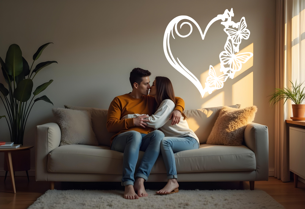 Metal wall art featuring a heart design with butterflies along its edge, finished in Bright White Gloss powder coating, mounted on a soft-toned wall in a cozy living room, enhancing the romantic atmosphere for a couple embracing on the sofa.