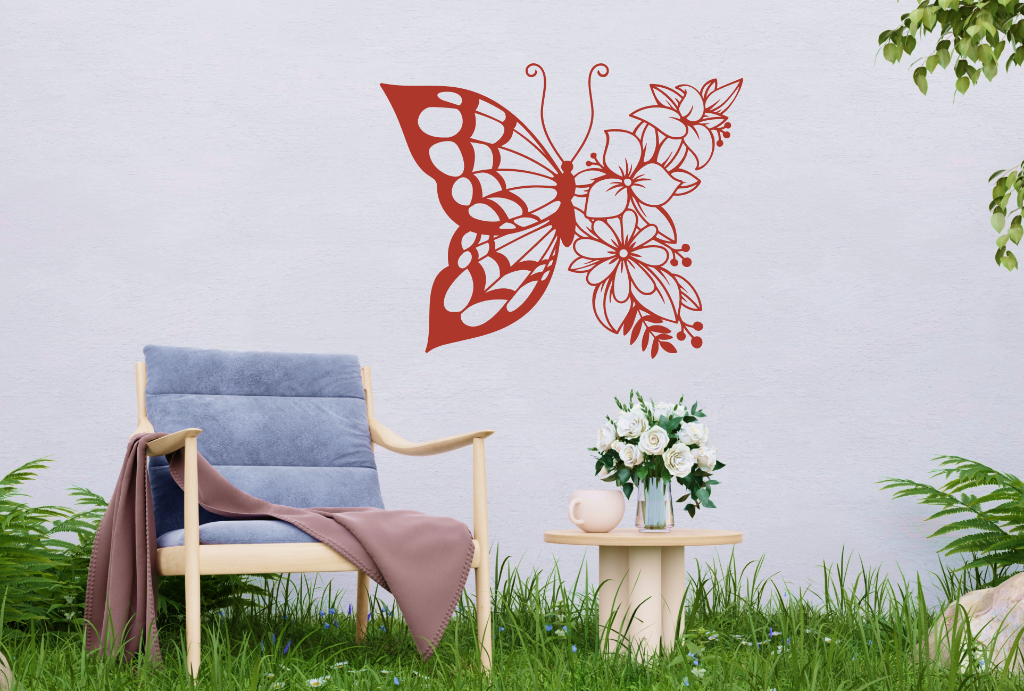 Metal wall art featuring a butterfly design with one wing made of floral patterns, finished in Manor Red powder coating, mounted on an outdoor wall, adding a whimsical and nature-inspired touch to a cozy garden seating area