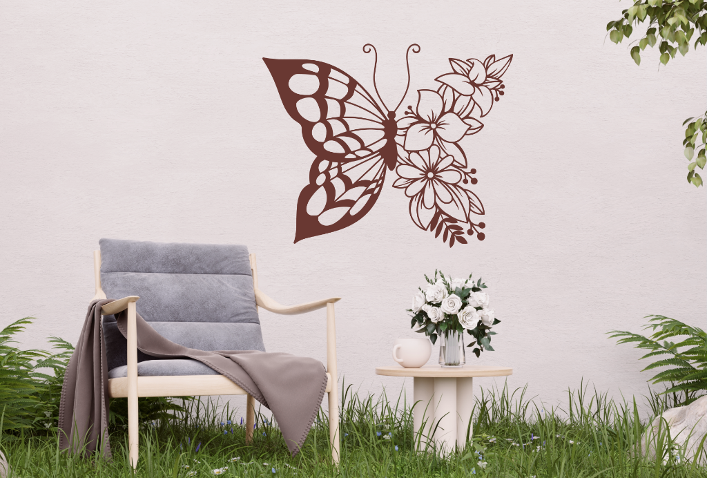 Metal wall art featuring a butterfly design with one wing made of floral patterns, finished in Rust Patina powder coating, mounted on an outdoor wall, adding a whimsical and nature-inspired touch to a cozy garden seating area