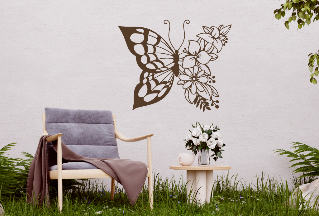 Metal wall art featuring a butterfly design with one wing made of floral patterns, finished in Rust Patina powder coating, mounted on an outdoor wall, adding a whimsical and nature-inspired touch to a cozy garden seating area