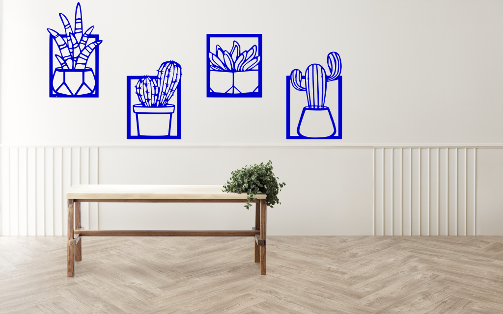 Metal wall art set featuring four distinct cactus designs in minimalist frames, finished in Blaze Blue Gloss powder coating, creating a modern, playful touch to a neutral-toned interior space with a light wooden bench and soft lighting.