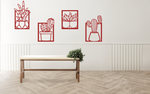 Metal wall art set featuring four distinct cactus designs in minimalist frames, finished in Manor Red powder coating, creating a modern, playful touch to a neutral-toned interior space with a light wooden bench and soft lighting.