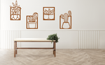 Metal wall art set featuring four distinct cactus designs in minimalist frames, finished in Rust Patina powder coating, creating a modern, playful touch to a neutral-toned interior space with a light wooden bench and soft lighting.