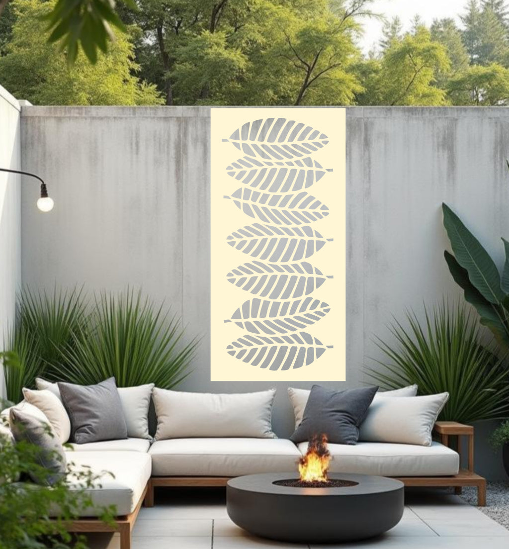 Palm Cascade privacy screen in Canola Cream, with a warm, creamy finish and cascading palm leaf design, adding subtle elegance and privacy to outdoor decor