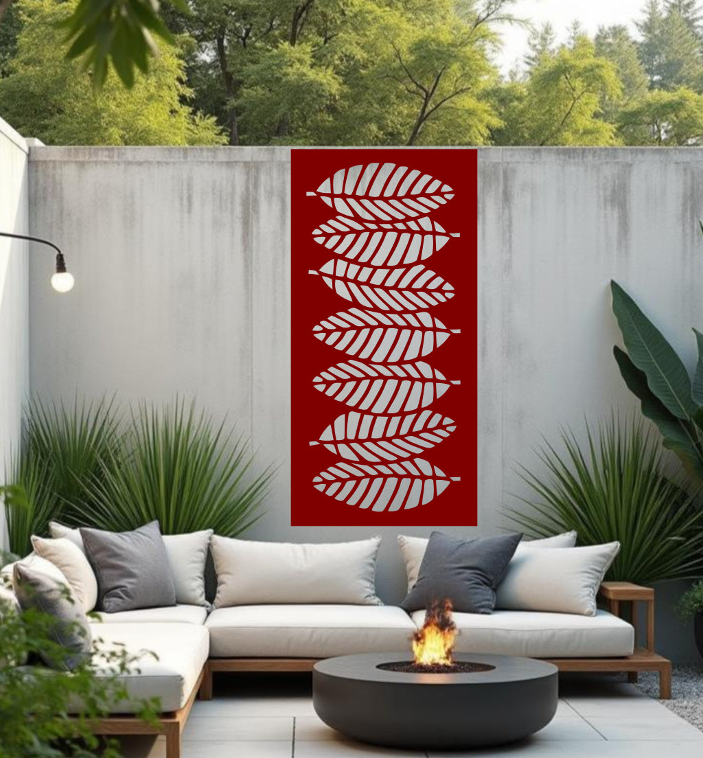 Palm Cascade privacy screen in Manor Red, with a bold red tone and intricate palm leaf pattern, offering stylish privacy and a pop of color for outdoor living areas.