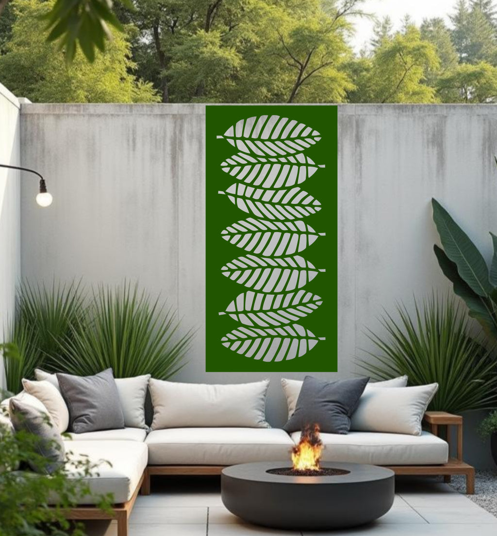 Palm Cascade privacy screen in Mistletoe, in a lush green finish with layered palm leaf design, blending privacy with a fresh, nature-inspired look for patios and gardens.