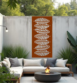 Palm Cascade privacy screen in Rust Patina, featuring a natural, earthy finish with a cascading palm leaf design, ideal for blending privacy with rustic aesthetics in gardens.