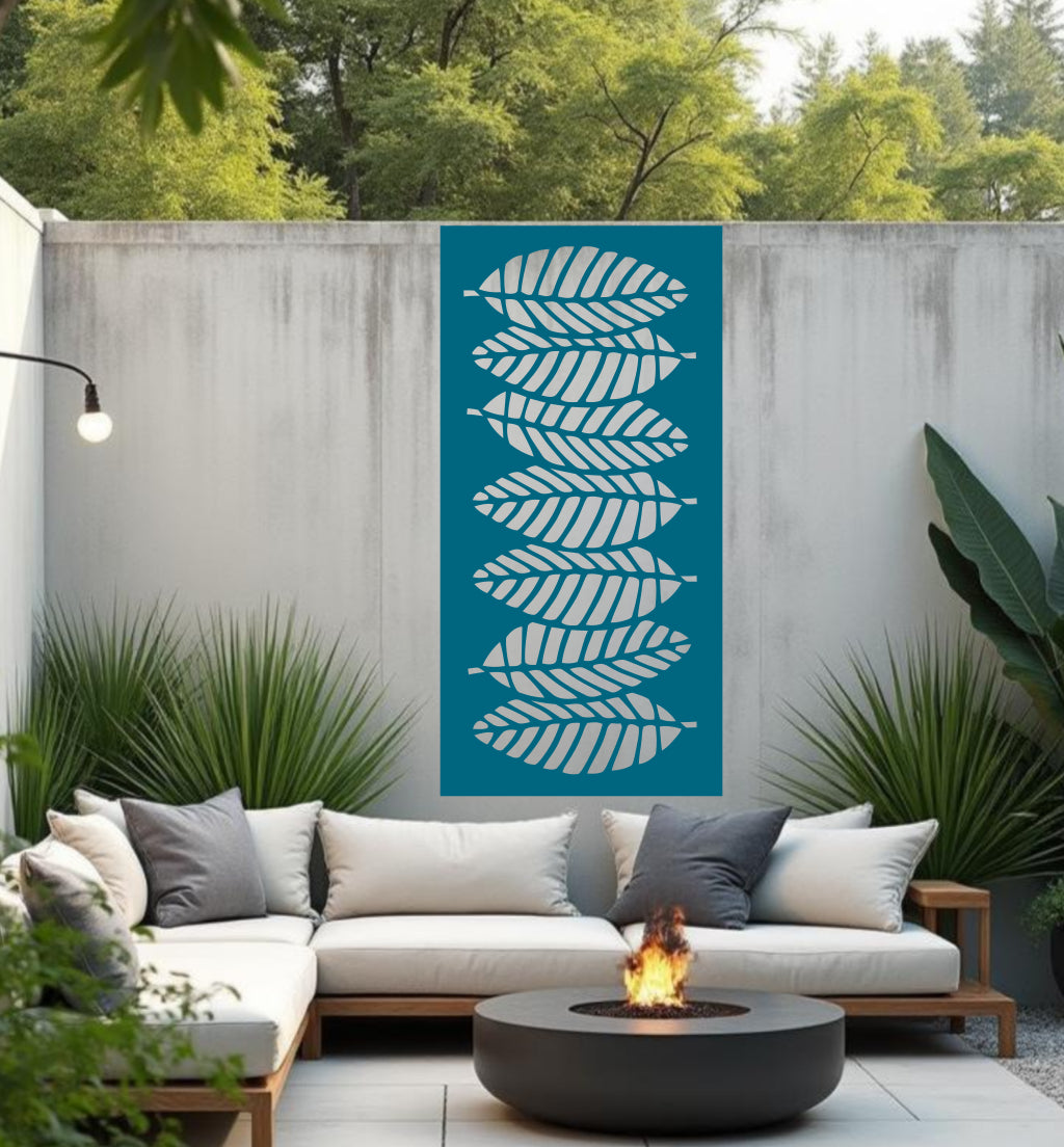 Palm Cascade privacy screen in Wedgwood Satin, featuring a smooth satin finish and a palm leaf cascade design, providing stylish privacy with a classic touch in outdoor decor.