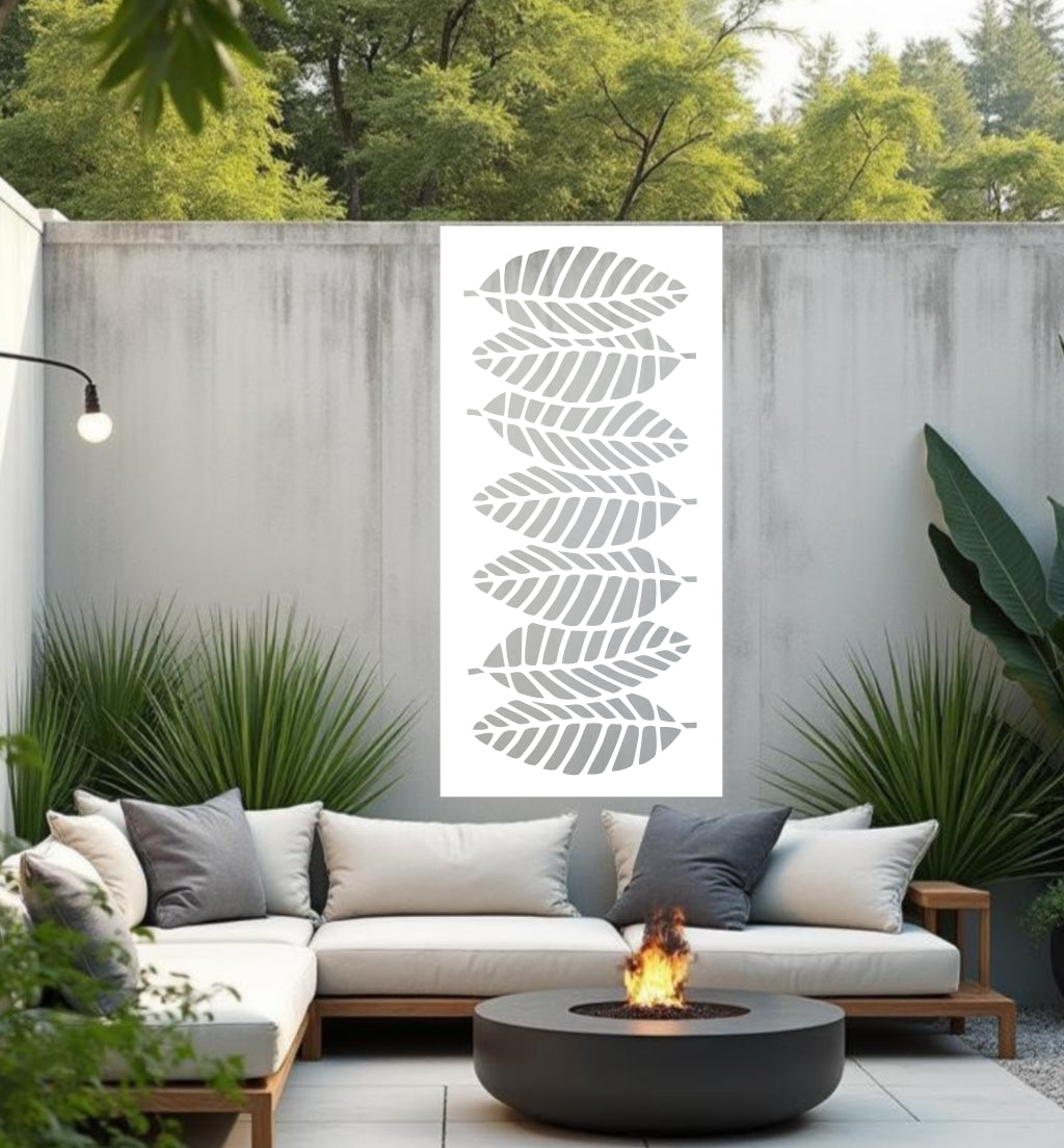 Palm Cascade privacy screen in Bright White Gloss, showcasing a clean, layered palm leaf pattern that brings a fresh, tropical vibe and functional privacy to patios and gardens.