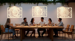 Metal wall art set featuring celestial designs with the sun and moon, finished in Canola Cream powder coating, mounted on an outdoor wall above a dining space, enhancing the ambiance of a social gathering with a mystical and artistic touch.