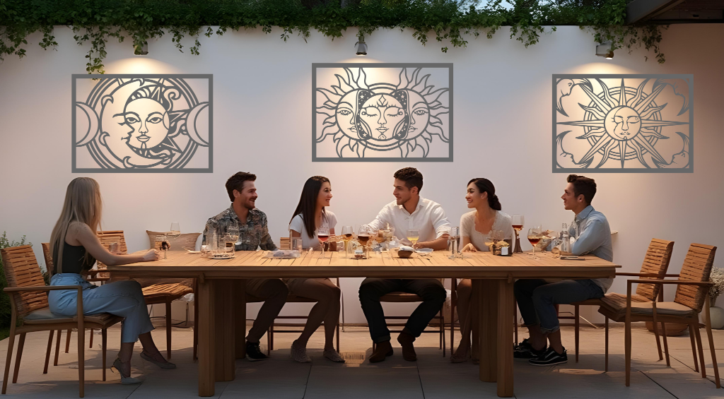 Metal wall art set featuring celestial designs with the sun and moon, finished in Berry Grey Gloss powder coating, mounted on an outdoor wall above a dining space, enhancing the ambiance of a social gathering with a mystical and artistic touch.