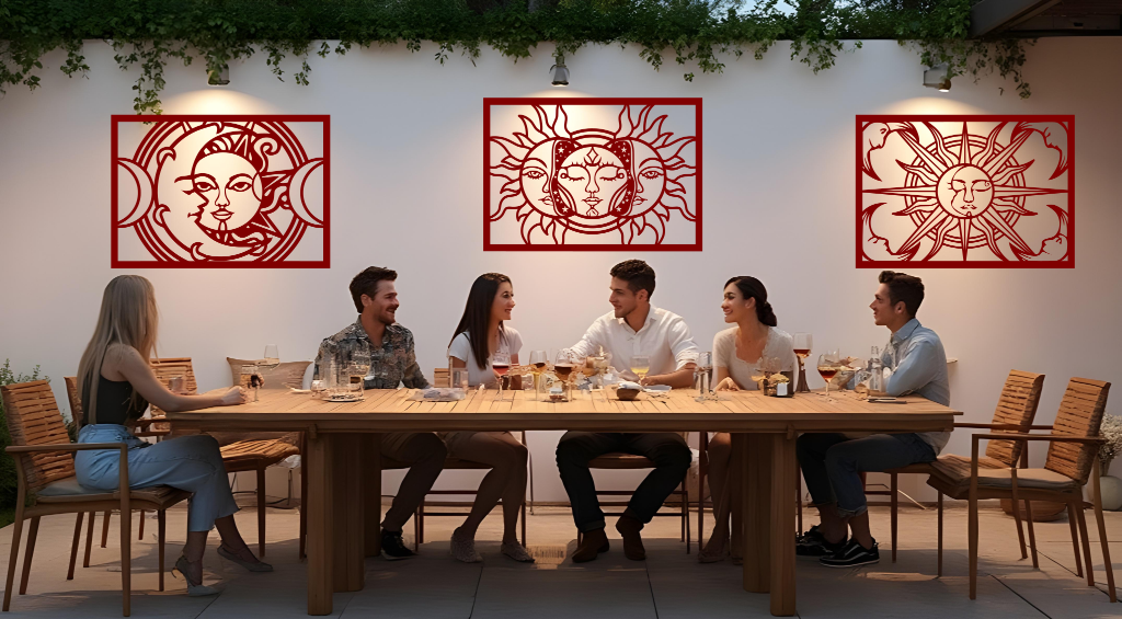 Metal wall art set featuring celestial designs with the sun and moon, finished in Manor Red powder coating, mounted on an outdoor wall above a dining space, enhancing the ambiance of a social gathering with a mystical and artistic touch.