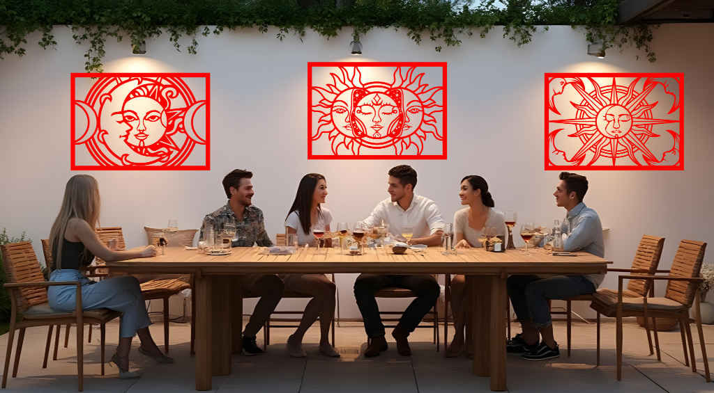 Metal wall art set featuring celestial designs with the sun and moon, finished in Signal Red powder coating, mounted on an outdoor wall above a dining space, enhancing the ambiance of a social gathering with a mystical and artistic touch.