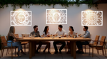 Metal wall art set featuring celestial designs with the sun and moon, finished in Bright White Gloss powder coating, mounted on an outdoor wall above a dining space, enhancing the ambiance of a social gathering with a mystical and artistic touch.