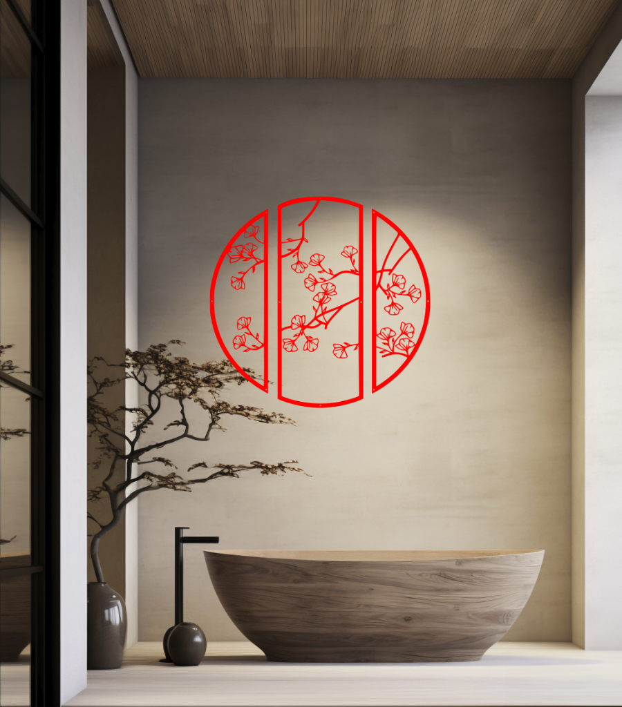 Metal wall art featuring a circular design divided into three panels with intricate cherry blossom branches, finished in Signal Red powder coating, mounted on a light wall in a modern, minimalist bathroom, adding a serene and nature-inspired touch to the space.