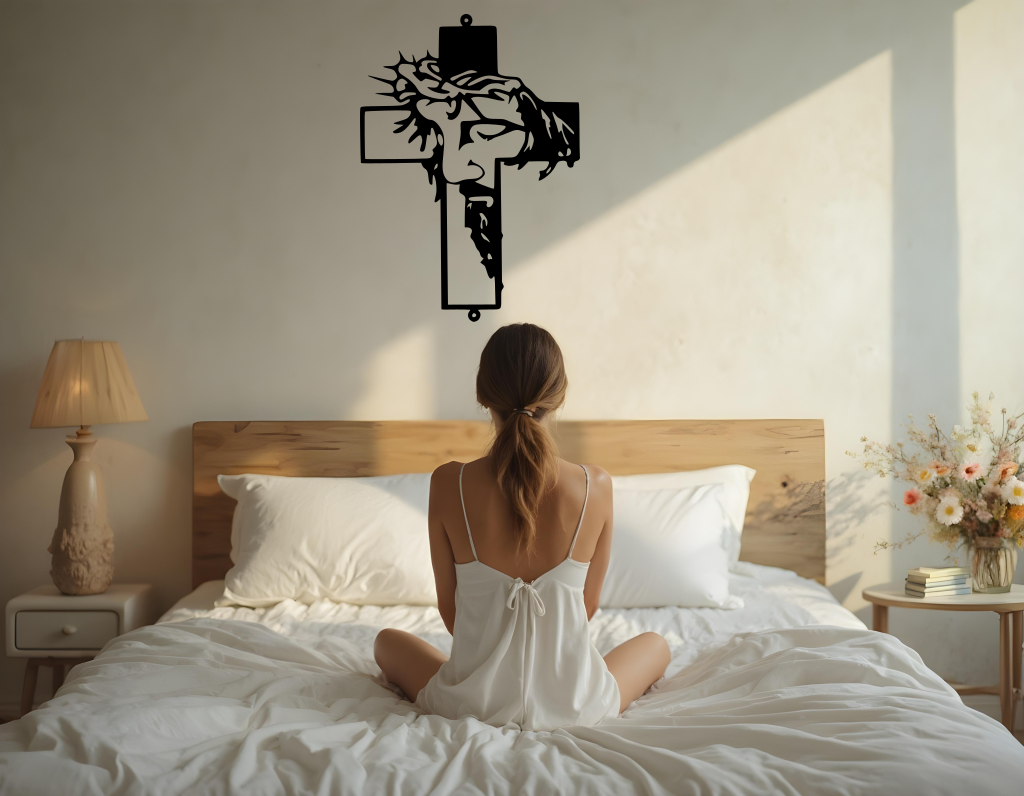 Metal wall art featuring a cross with a silhouette of Jesus wearing a crown of thorns, finished in Night Sky Matt Black powder coating, mounted on a light wall above a bed, adding a serene and spiritual element to the bedroom.