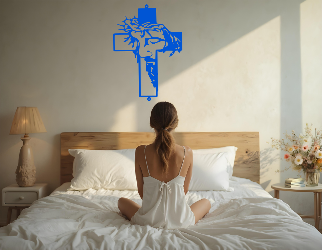 Metal wall art featuring a cross with a silhouette of Jesus wearing a crown of thorns, finished in Blaze Blue Gloss powder coating, mounted on a light wall above a bed, adding a serene and spiritual element to the bedroom.